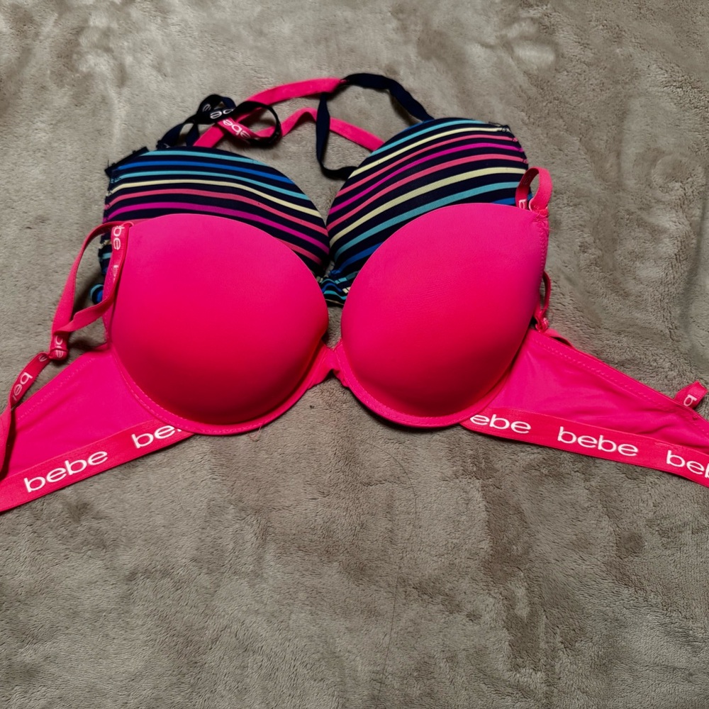 Bebe Women's Pink and Multicolor Striped Bikini Top
